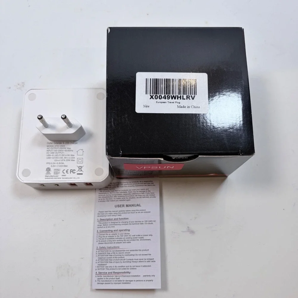 VPSUN European Travel Plug Adapter White USB-C PD 20W 2 AC Outlets 3 USB-A Ports
